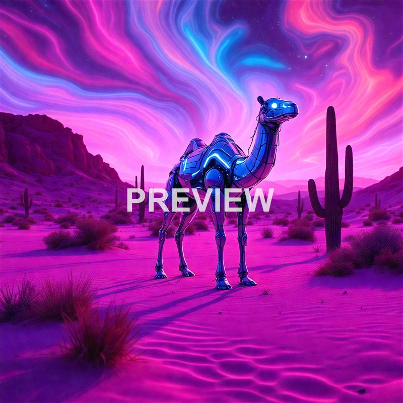 A futuristic, robotic camel standing in a neon-lit desert landscape with cacti and mountains under a swirling, colorful sky.